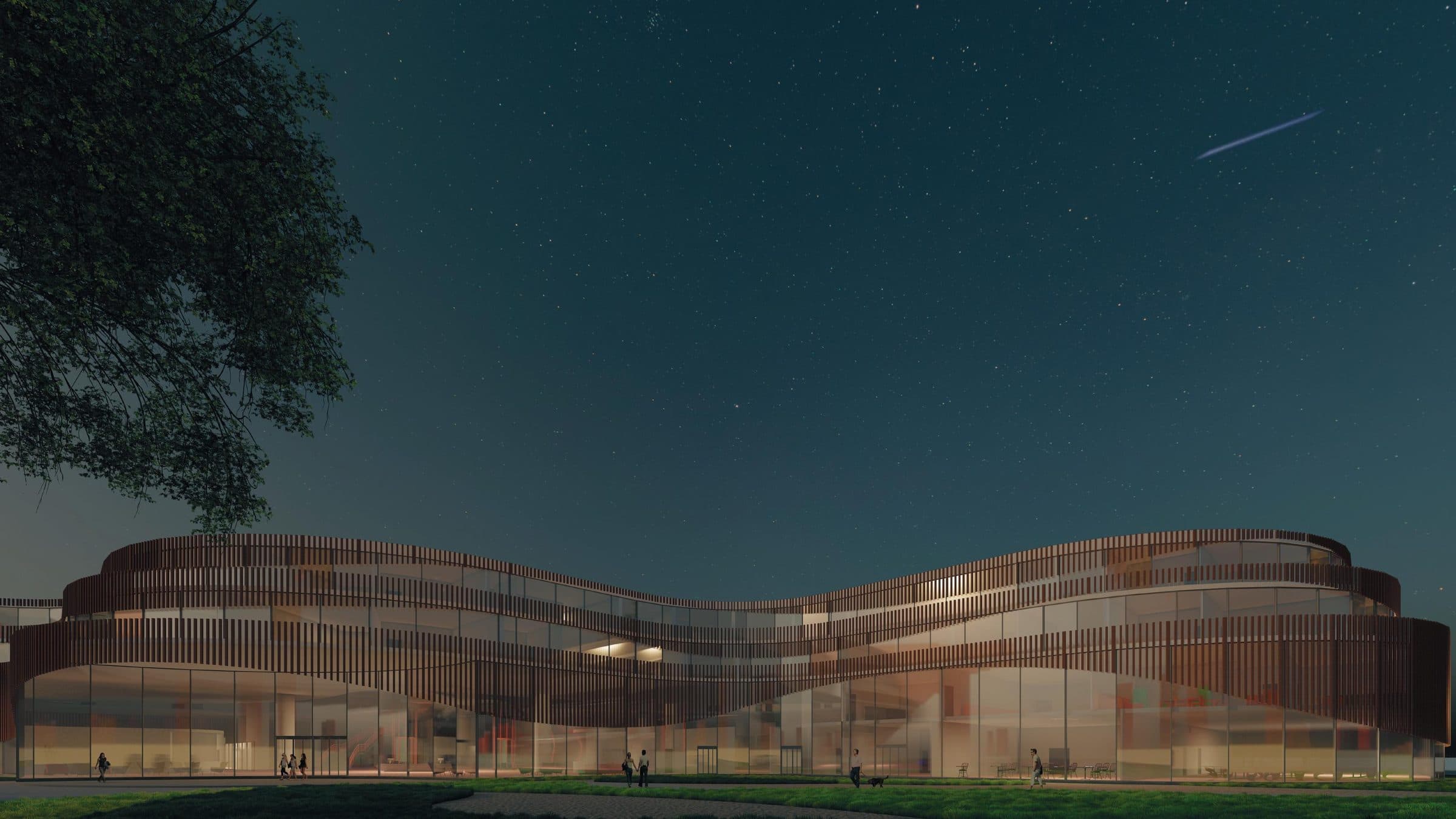 La façade en zig-zag, de nuit